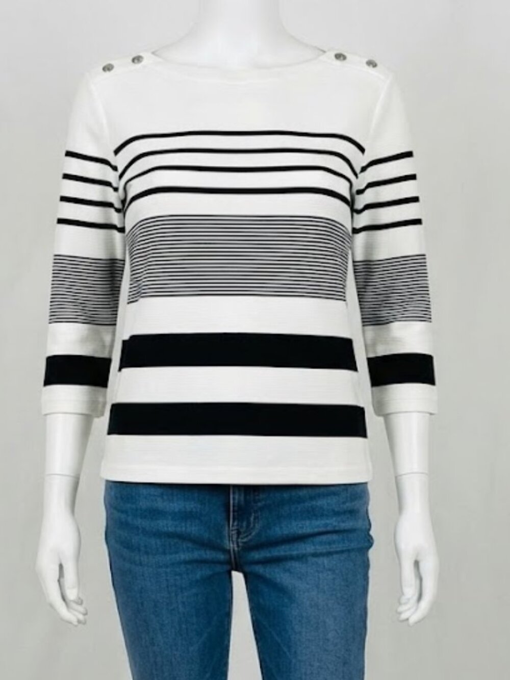 Talbots Nautical Stripe Ribbed Tunic 3/4 Sleeve Blue White Button XL 16-18